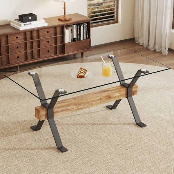 English Elm Dining Table Tempered Glass Top with Black Metal Legs Modern Rectangular Desk for Home W1151S05042