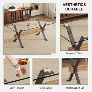 English Elm Dining Table Tempered Glass Top with Black Metal Legs Modern Rectangular Desk for Home W1151S05042