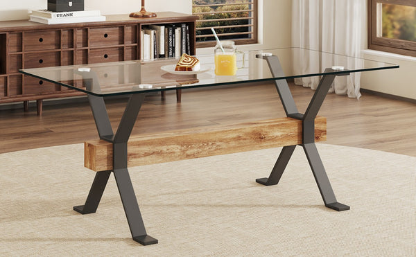 English Elm Dining Table Tempered Glass Top with Black Metal Legs Modern Rectangular Desk for Home W1151S05042