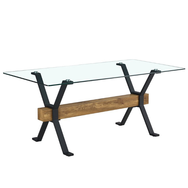 English Elm Dining Table Tempered Glass Top with Black Metal Legs Modern Rectangular Desk for Home W1151S05042