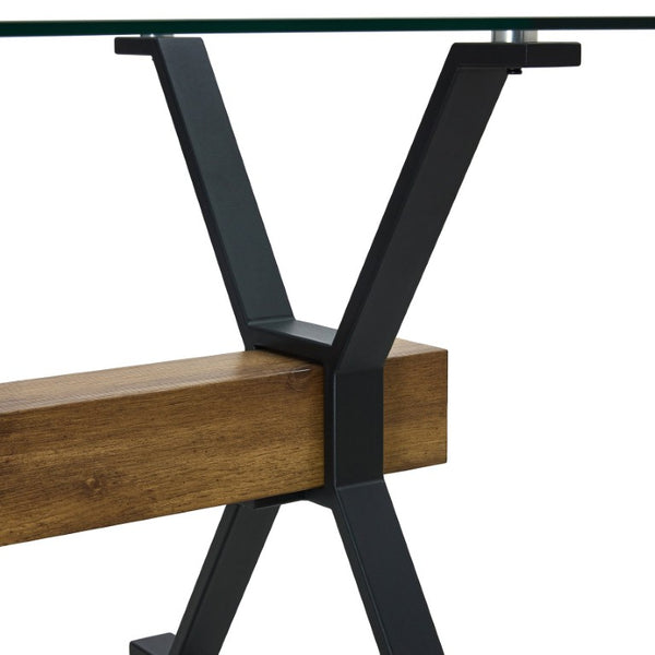 English Elm Dining Table Tempered Glass Top with Black Metal Legs Modern Rectangular Desk for Home W1151S05042