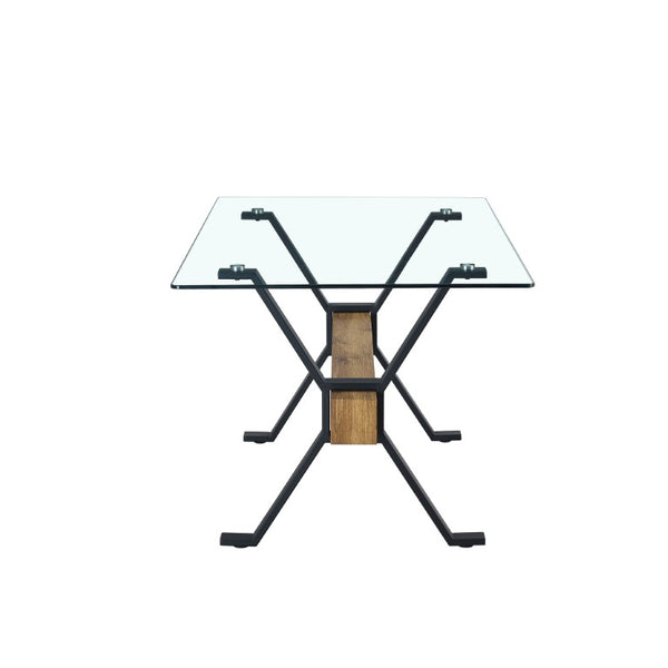 English Elm Dining Table Tempered Glass Top with Black Metal Legs Modern Rectangular Desk for Home W1151S05042