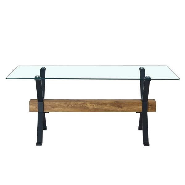English Elm Dining Table Tempered Glass Top with Black Metal Legs Modern Rectangular Desk for Home W1151S05042