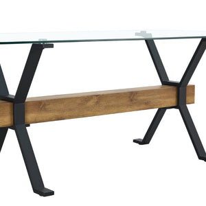 English Elm Dining Table Tempered Glass Top with Black Metal Legs Modern Rectangular Desk for Home W1151S05042