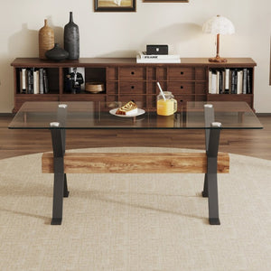 English Elm Dining Table Tempered Glass Top with Black Metal Legs Modern Rectangular Desk for Home W1151S05042