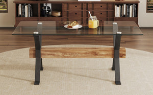 English Elm Dining Table Tempered Glass Top with Black Metal Legs Modern Rectangular Desk for Home W1151S05042