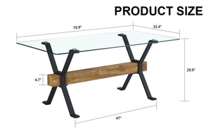 English Elm Dining Table Tempered Glass Top with Black Metal Legs Modern Rectangular Desk for Home W1151S05042