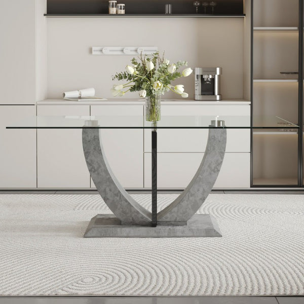 English Elm Large Rectangular Tempered Glass Dining Table Seats Eight with Sleek MDF Base W1151S05044
