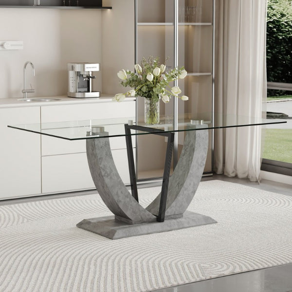 English Elm Large Rectangular Tempered Glass Dining Table Seats Eight with Sleek MDF Base W1151S05044
