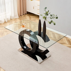 English Elm Large Tempered Glass Rectangular Dining Table Seats 8 with Sculptural MDF Base W1151S05048