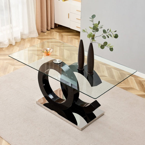 English Elm Large Tempered Glass Rectangular Dining Table Seats 8 with Sculptural MDF Base W1151S05048