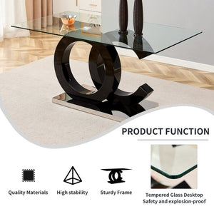 English Elm Large Tempered Glass Rectangular Dining Table Seats 8 with Sculptural MDF Base W1151S05048