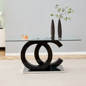 English Elm Large Rectangular Tempered Glass Dining Table Seats Eight with Bold Architectural MDF Base W1151S05050