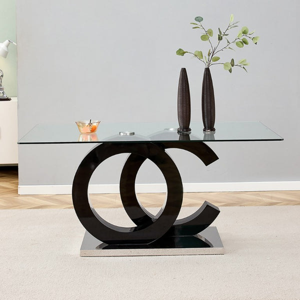 English Elm Large Rectangular Tempered Glass Dining Table Seats Eight with Bold Architectural MDF Base W1151S05050
