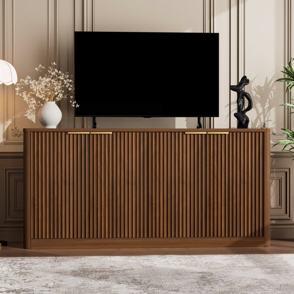 English Elm 59-inch Wavy Walnut Sideboard with Curved Facade Four Doors Living Room Storage W1162P339085