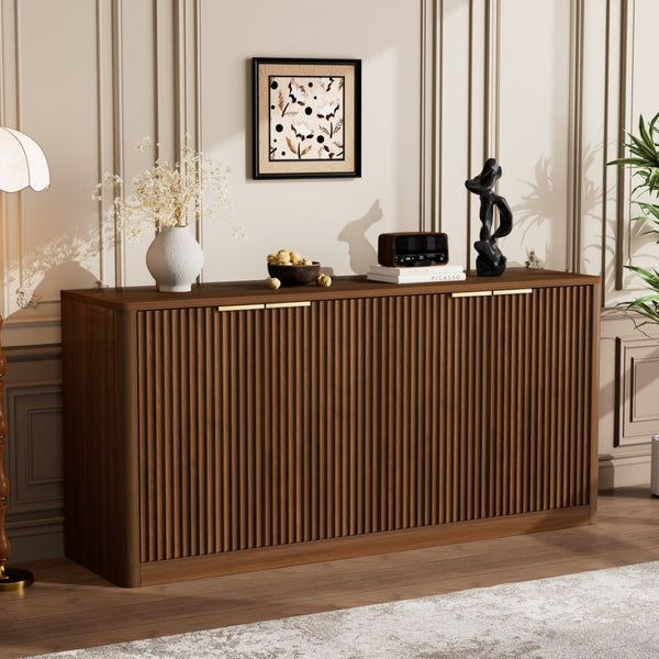 English Elm 59-inch Wavy Walnut Sideboard with Curved Facade Four Doors Living Room Storage W1162P339085