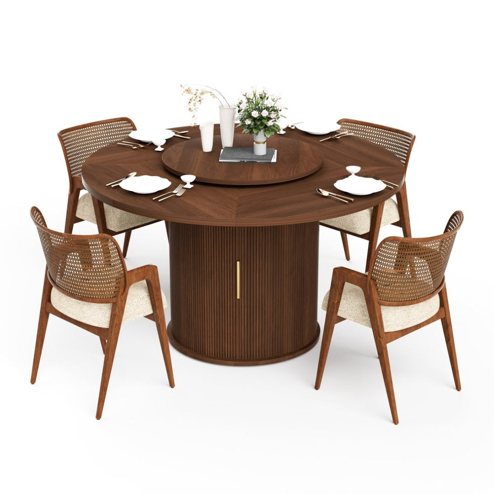 English Elm 55-inch Round Walnut Dining Table Seats Six with Lazy Susan and Tiered Storage W1162P357244