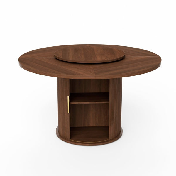 English Elm 55-inch Round Walnut Dining Table Seats Six with Lazy Susan and Tiered Storage W1162P357244