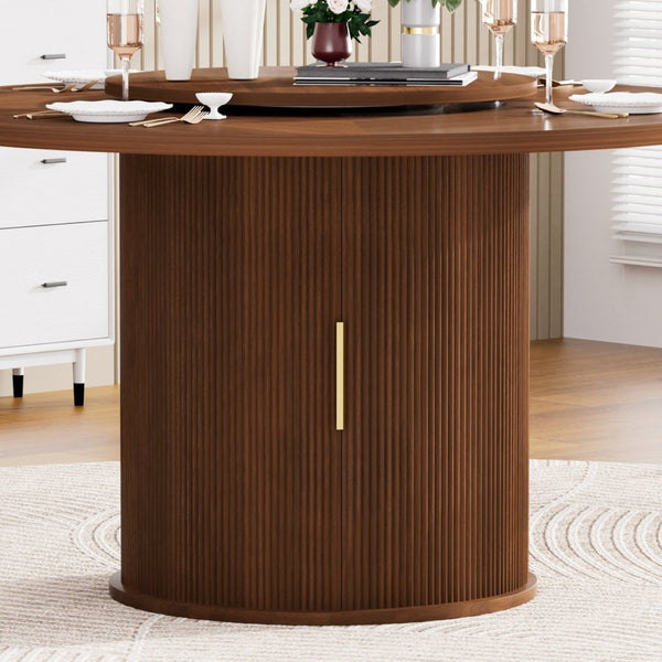 English Elm 55-inch Round Walnut Dining Table Seats Six with Lazy Susan and Tiered Storage W1162P357244
