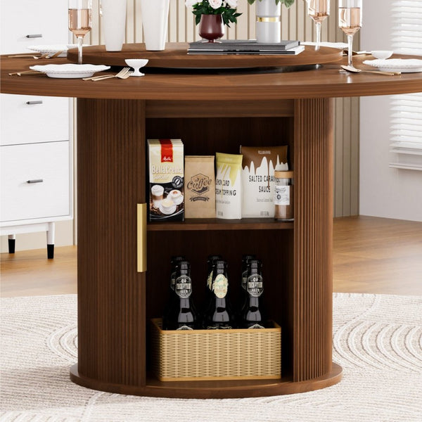 English Elm 55-inch Round Walnut Dining Table Seats Six with Lazy Susan and Tiered Storage W1162P357244
