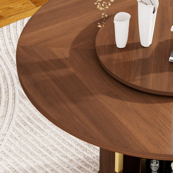 English Elm 55-inch Round Walnut Dining Table Seats Six with Lazy Susan and Tiered Storage W1162P357244