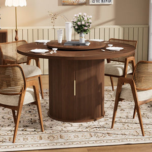 English Elm 55-inch Round Walnut Dining Table Seats Six with Lazy Susan and Tiered Storage W1162P357244