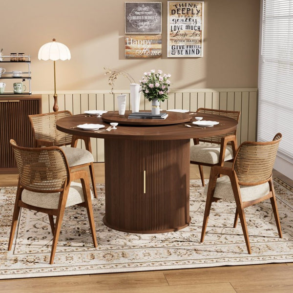 English Elm 55-inch Round Walnut Dining Table Seats Six with Lazy Susan and Tiered Storage W1162P357244