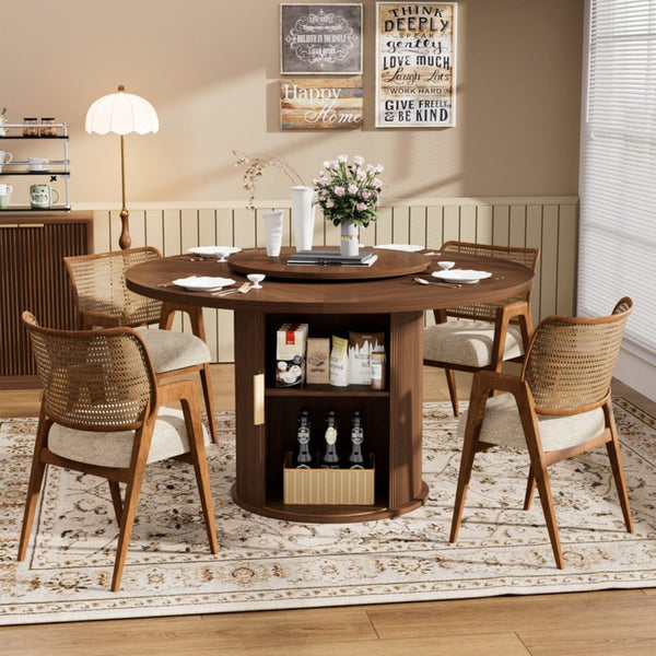 English Elm 55-inch Round Walnut Dining Table Seats Six with Lazy Susan and Tiered Storage W1162P357244