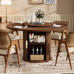 English Elm 55-inch Round Walnut Dining Table Seats Six with Lazy Susan and Tiered Storage W1162P357244