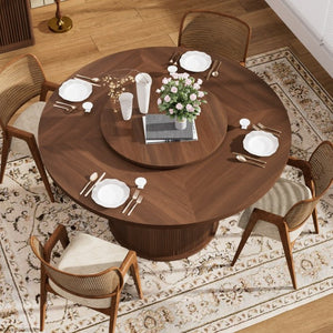 English Elm 55-inch Round Walnut Dining Table Seats Six with Lazy Susan and Tiered Storage W1162P357244