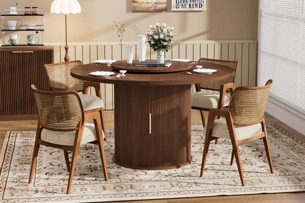 English Elm 55-inch Round Walnut Dining Table Seats Six with Lazy Susan and Tiered Storage W1162P357244