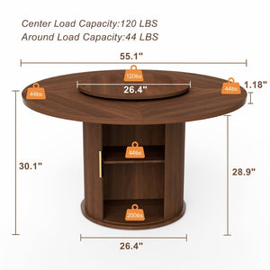 English Elm 55-inch Round Walnut Dining Table Seats Six with Lazy Susan and Tiered Storage W1162P357244