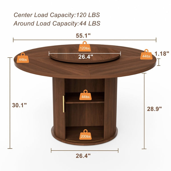 English Elm 55-inch Round Walnut Dining Table Seats Six with Lazy Susan and Tiered Storage W1162P357244