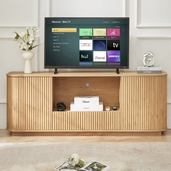 English Elm 64-inch Wavy Sideboard with Sculptural Fronts Push-open Doors and Vertical Wood Grain W1162P388448