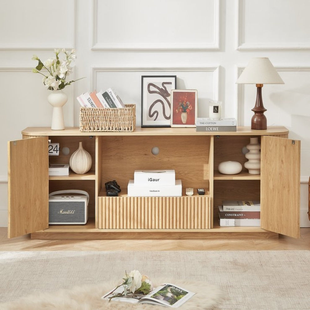 English Elm 64-inch Wavy Sideboard with Sculptural Fronts Push-open Doors and Vertical Wood Grain W1162P388448