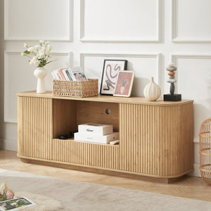 English Elm 64-inch Wavy Sideboard with Sculptural Fronts Push-open Doors and Vertical Wood Grain W1162P388448