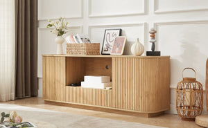English Elm 64-inch Wavy Sideboard with Sculptural Fronts Push-open Doors and Vertical Wood Grain W1162P388448