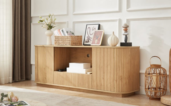 English Elm 64-inch Wavy Sideboard with Sculptural Fronts Push-open Doors and Vertical Wood Grain W1162P388448