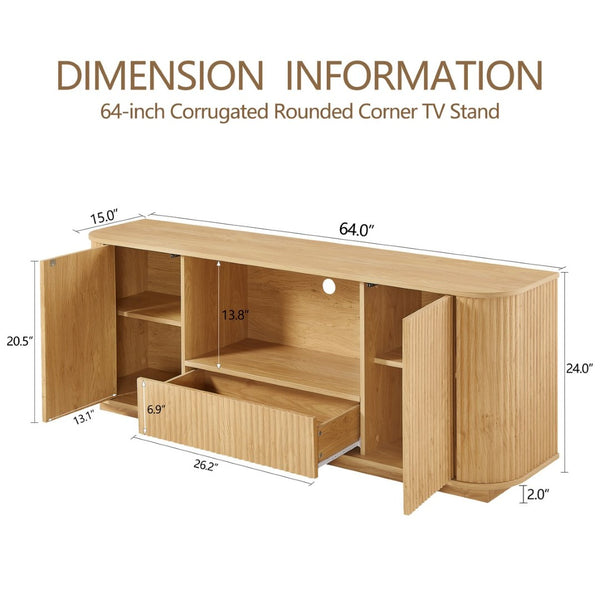 English Elm 64-inch Wavy Sideboard with Sculptural Fronts Push-open Doors and Vertical Wood Grain W1162P388448