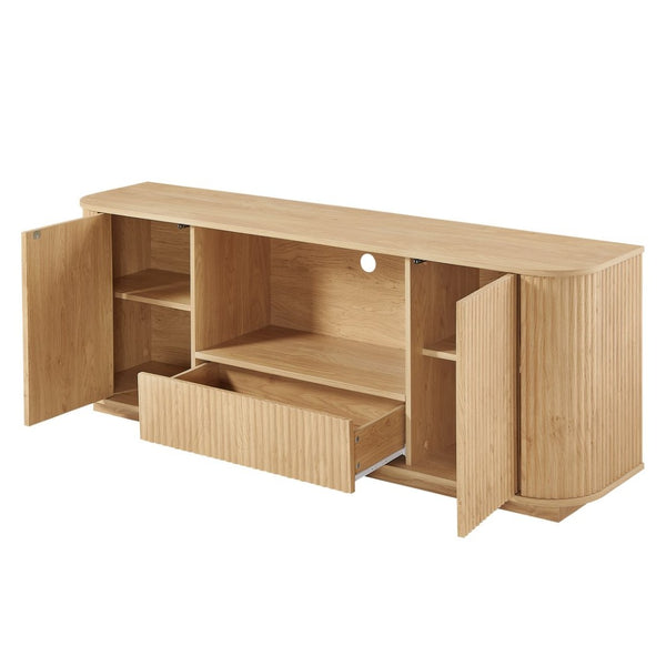 English Elm 64-inch Wavy Sideboard with Sculptural Fronts Push-open Doors and Vertical Wood Grain W1162P388448
