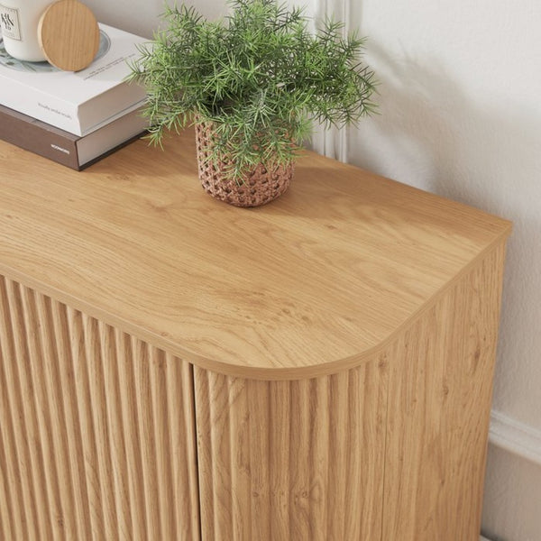 English Elm 64-inch Wavy Sideboard with Sculptural Fronts Push-open Doors and Vertical Wood Grain W1162P388448