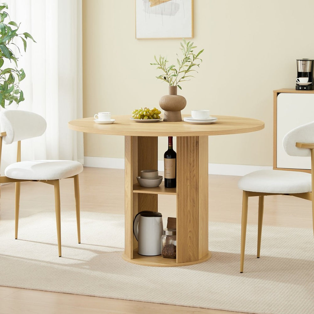 English Elm 47.24" Round Dining Table Set with Velvet Chairs and Tiered Iron Shelf for Small Spaces W1162P395658