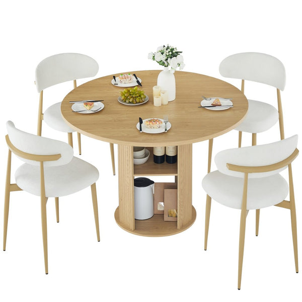 English Elm 47.24" Round Dining Table Set with Velvet Chairs and Tiered Iron Shelf for Small Spaces W1162P395658