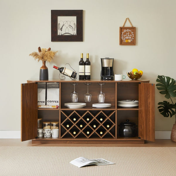 English Elm 58" Wavy Curved Sideboard with Wine Rack Glassware Storage for Dining or Bar W1162P478268