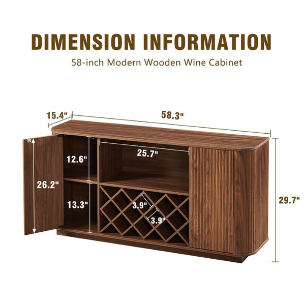 English Elm 58" Wavy Curved Sideboard with Wine Rack Glassware Storage for Dining or Bar W1162P478268