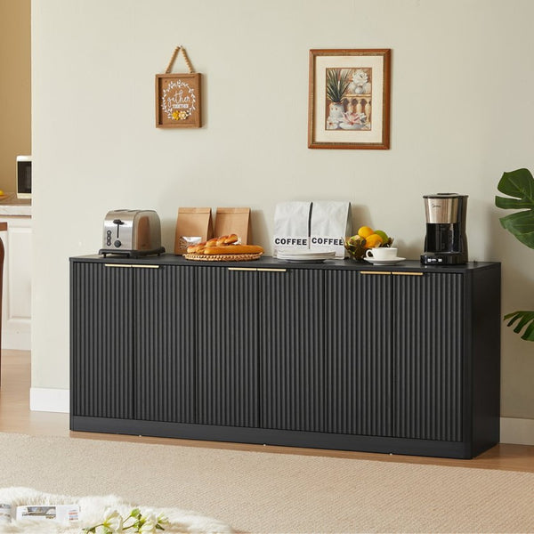 English Elm 67-inch Wavy Walnut Sideboard Sculptural 6-door Cabinet for Living Room Storage Black W1162P478278
