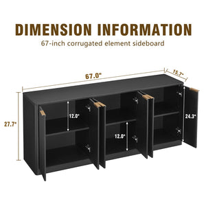 English Elm 67-inch Wavy Walnut Sideboard Sculptural 6-door Cabinet for Living Room Storage Black W1162P478278