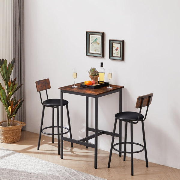 English Elm Bar Table Set with 2 Pu Upholstered Stools Industrial Kitchen Nook Dining Rustic Brown W1162P483534