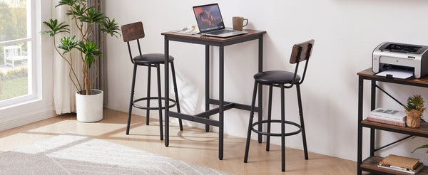 English Elm Bar Table Set with 2 Pu Upholstered Stools Industrial Kitchen Nook Dining Rustic Brown W1162P483534
