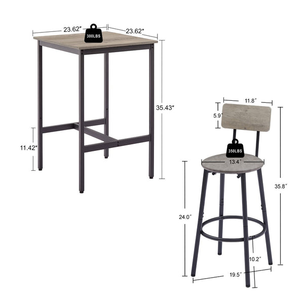 English Elm Bar Table Set with 2 Pu Upholstered Stools Industrial Kitchen Nook Dining Grey W1162P483535